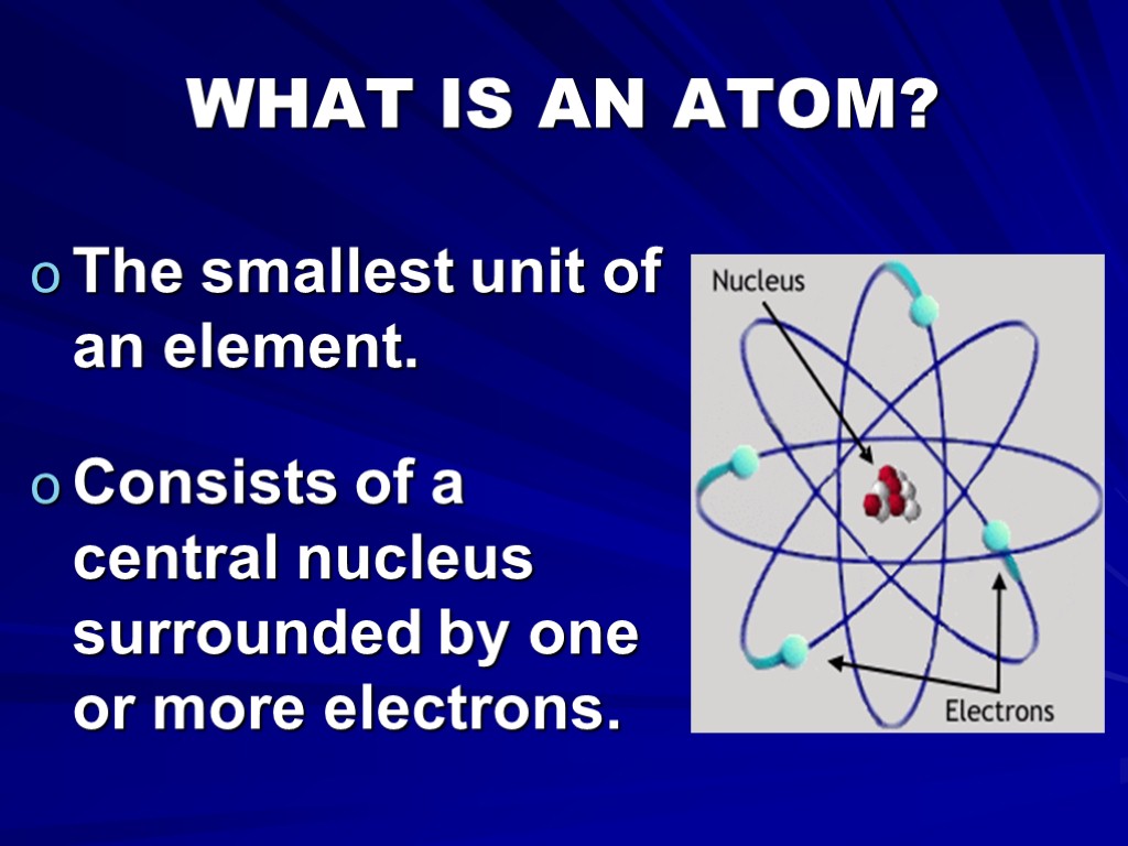 WHAT IS AN ATOM? The smallest unit of an element. Consists of a central